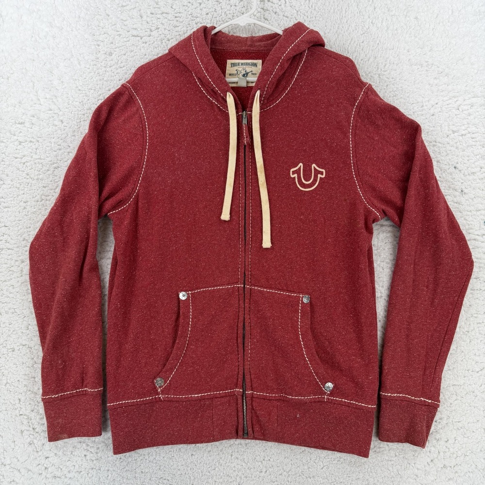 True Religion Hoodie Mens Large Red Full Zip Fleece Big T Logo Sweatshirt